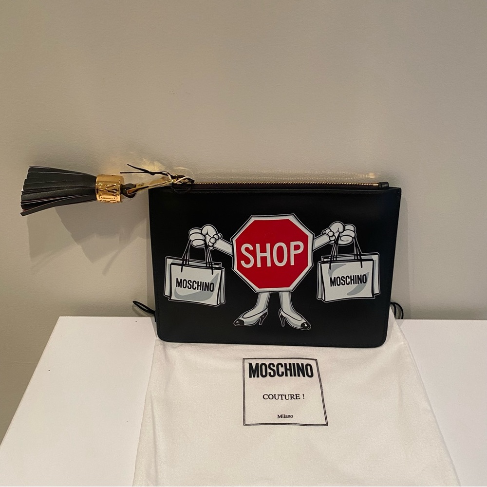 Moschino Black Leather “SHOP” Clutch